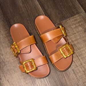 Tan Leather Slide Sandals with Gold Buckles